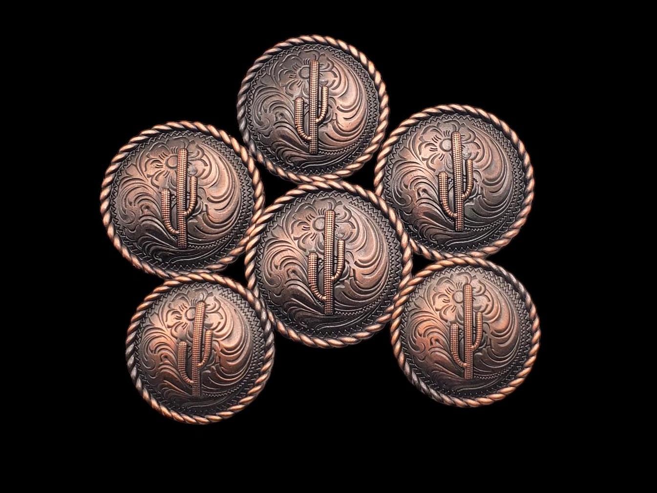 Set of 6 - Saddle Set Conchos With Cactus in Antique Copper