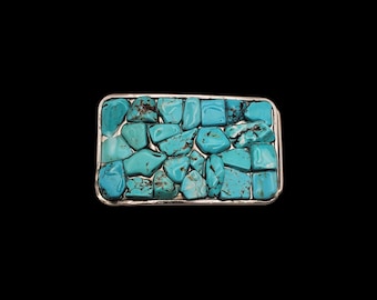 3-1/2" x  2" Nickel plated "Turquoise Nugget" Belt Buckle #1