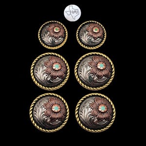 Set of 6 - Saddle Concho set Antique nickel, copper, brass and a spot of turquoise (1.25/1.5)