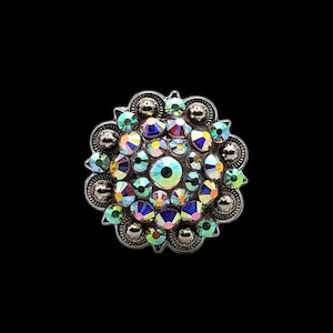 Pode incluir: Um concho redondo decorativo prateado com um grupo de pedras de cristal iridescentes verdes, azuis e roxas.