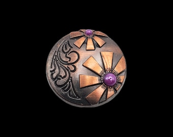 1" New West Screw-back Concho Antique nickel, copper and purple cabochons