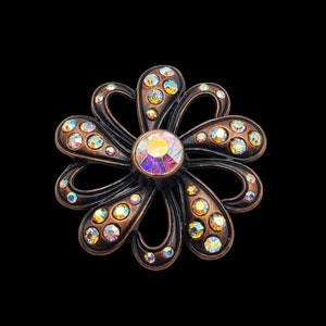 2&quot; Filigree Flower Ant Copper with Aurora Borealis Crystals Screwback Concho