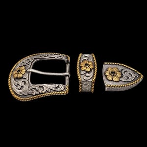 1-1 / 2 "Frisco 3-teiliges Schnallenset Antikes Sterling / vergoldet