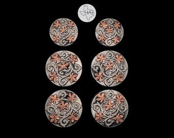 Set of 6 - Wildflower Saddle Concho set Antique nickel and copper, Western Leathercraft Concho