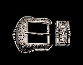 1-1/2" Gürtelschnallen- und Schlaufenset | Vernickelt mit schwarzer Emaille | Western-Gürtelbeschläge