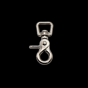 May include: Silver swivel snap hook with a spring-loaded gate. The hook is designed for attaching to a leash, collar, or other items.