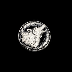 May include: Silver-toned metal button featuring a detailed wolf head design with a raised, textured border.