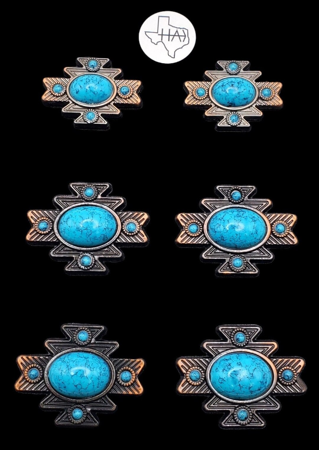 Set of 6 - Aztec Saddle Concho Set Antique Nickel, Copper and Turquoise ...