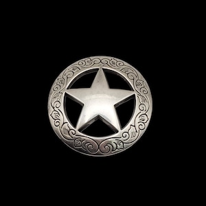 May include: Silver-toned metal star charm with a decorative scrollwork border. The star is five-pointed and has a cutout design.