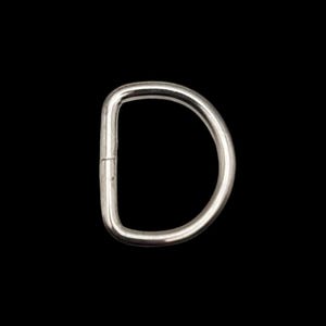 May include: A silver metal D-ring, a type of hardware used for attaching items to a belt, bag, or other objects.