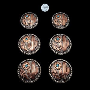 May include: A set of six round copper-toned buttons featuring a raised cactus and floral design with a single blue rhinestone centre. Each button has a twisted rope-style border and a metallic finish, arranged in three pairs of varying sizes.