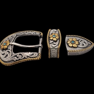 Turquoise 1-1/4&quot; Frisco 3 Pc Buckle Set Sterling and gold plated