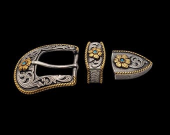 Juego de 3 hebillas Frisco turquesas de 1-1/4" chapadas en oro y plata de ley