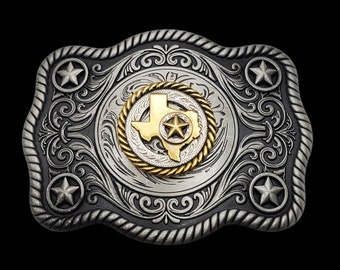 May include: Silver belt buckle with a gold outline of the state of Texas and a gold star in the center. The buckle is decorated with a rope border and floral designs.