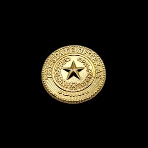 May include: A gold-coloured metal pin with the words "The State of Texas" and a five-pointed star inside a wreath.