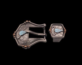 3/4" Turquoise Buffalo Skull ANP/ACP Buckle & Keeper Set | Enamel | Western Leathercraft Hardware