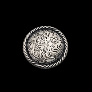 May include: Silver-toned metal button with a rope-like border and an engraved floral design.