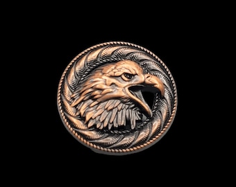 May include: A copper-toned metal button with a detailed eagle head design. The eagle's head is facing right and has a textured, feathered appearance.