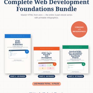 以下が含まれることがあります： Complete Web Development Foundations Seriesというタイトルのデジタル製品バンドルで、3冊の電子書籍と3つのインフォグラフィックが含まれています。セットには、HTML Basics & Structure、HTML Tags & Practical Web Development、Practical HTML: SEO, Accessibility, Best Practices & Real-World Projectsが含まれます。