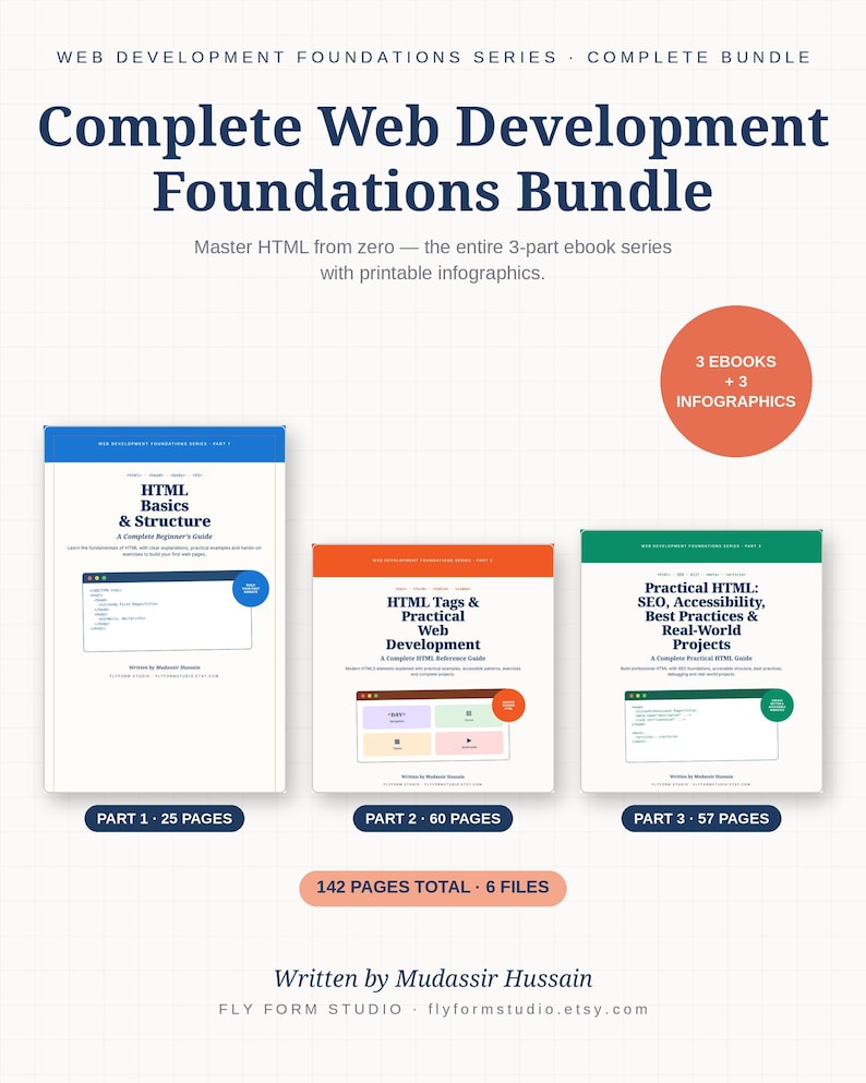 以下が含まれることがあります： Complete Web Development Foundations Seriesというタイトルのデジタル製品バンドルで、3冊の電子書籍と3つのインフォグラフィックが含まれています。セットには、HTML Basics & Structure、HTML Tags & Practical Web Development、Practical HTML: SEO, Accessibility, Best Practices & Real-World Projectsが含まれます。