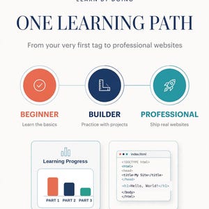 以下が含まれることがあります： LEARN BY DOING ONE LEARNING PATH From your very first tag to professional websitesというタイトルの教育用インフォグラフィック。BEGINNER、BUILDER、PROFESSIONALの3つの円形アイコン、Learning Progress棒グラフ、index.htmlのコードスニペットが表示されています。