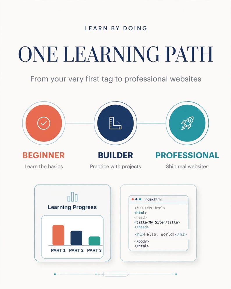 以下が含まれることがあります： LEARN BY DOING ONE LEARNING PATH From your very first tag to professional websitesというタイトルの教育用インフォグラフィック。BEGINNER、BUILDER、PROFESSIONALの3つの円形アイコン、Learning Progress棒グラフ、index.htmlのコードスニペットが表示されています。