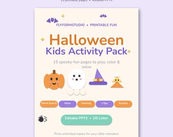 子供向けハロウィンアクティビティパック：印刷可能な単語探し、迷路、塗り絵、ゲーム（PDF）