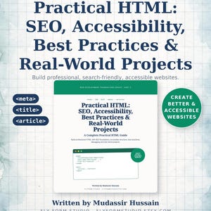 May include: A book cover titled Practical HTML: SEO, Accessibility, Best Practices & Real-World Projects, part 3 of the Web Development Foundations Series. The cover features dark blue text on a white background with green accents and code snippets.