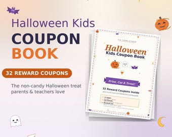 子供向けハロウィンクーポン、印刷可能なクーポンブック、32個の特典クーポン、お菓子以外のトリック・オア・トリート用PDF
