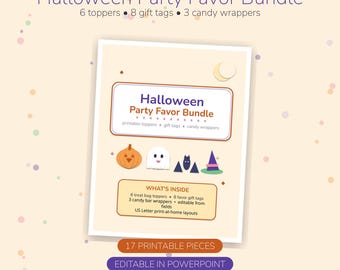お菓子以外のハロウィンパーティーグッズセット：お菓子袋のトッパー、ギフトタグ、キャンディーバーの包装紙