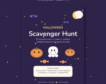 子供向けハロウィン宝探しゲーム、編集可能な韻を踏んだ手がかりカード、屋内・屋外宝探しゲーム、印刷可能なPPTXファイル