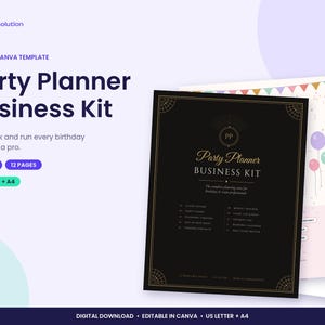Può includere: Un modello Canva modificabile per un kit aziendale per organizzatori di feste. Il kit include 12 pagine in 3 stili, disponibili nei formati US Letter e A4. La copertina presenta uno sfondo nero con testo dorato, bordi decorativi e palloncini.
