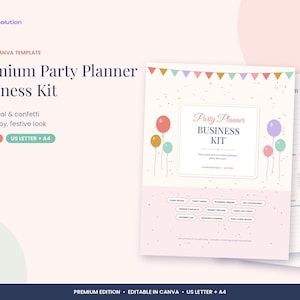 Può includere: Un modello Canva modificabile per un kit aziendale di pianificazione feste. Il documento presenta uno sfondo rosa chiaro con coriandoli colorati, illustrazioni di palloncini e festoni. Include 12 pagine nei formati US Letter e A4.