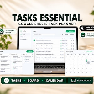 May include: A digital task planner for Google Sheets displayed on a laptop screen, featuring a task list, a board view, and a calendar view. The interface includes text labels such as Tasks Essential, To Do, In Progress, Done, and October 2028.