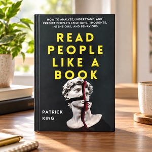 May include: A black hardcover book titled Read People Like A Book by Patrick King. The cover features yellow text, a subtitle about analyzing emotions, and a white classical bust sculpture split by a vertical red line across the face.
