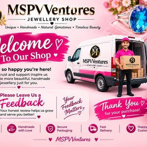 Peut inclure: Une banni&egrave;re promotionnelle pour MSPV Ventures Jewellery Shop pr&eacute;sentant une camionnette blanche avec des accents roses, une personne tenant un carton marqu&eacute;, une bague &agrave; pierre bleue et un paquet cadeau, entour&eacute;s de fleurs roses et de texte.
