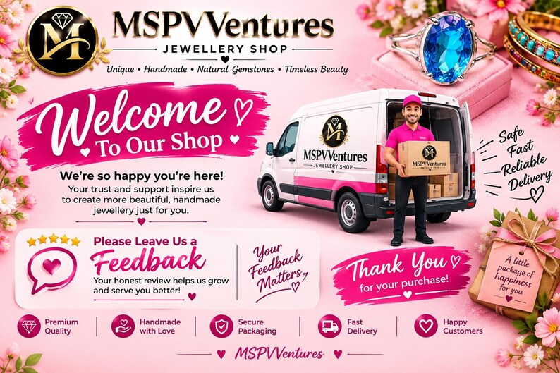 Peut inclure: Une banni&egrave;re promotionnelle pour MSPV Ventures Jewellery Shop pr&eacute;sentant une camionnette blanche avec des accents roses, une personne tenant un carton marqu&eacute;, une bague &agrave; pierre bleue et un paquet cadeau, entour&eacute;s de fleurs roses et de texte.
