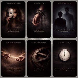 Pode incluir: Um baralho de oráculo Mirror com seis cartas intituladas Wearable Mask, Heavy Chain, Shadow Twin, Golden Thread, Turning Wheel e Aligned Clock. Cada carta exibe imagens sombrias e atmosféricas com texto descritivo sob o elemento visual.