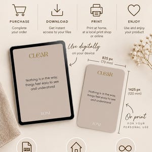 May include: A digital and printable product guide featuring a tablet and a printed card. The text reads: DIGITAL AND PRINTABLE PRODUCT, PURCHASE, DOWNLOAD, PRINT, ENJOY, CLEAR, Nothing is in the way, things feel easy to see and understand, TONE.