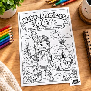 Könnte beinhalten: Eine schwarz-weiße Malvorlage mit dem Titel Native Americans DAY Honoring Culture Respect Heritage. Die Illustration zeigt eine Person mit Zöpfen, die ein Stirnband mit Federn trägt, einen Speer hält und neben einem Tipi und einem Bison steht.