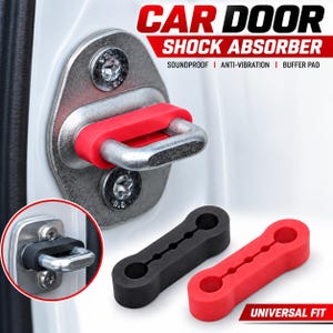 May include: A car door shock absorber buffer pad in red and black silicone. The product features a rectangular shape with rounded ends and a central perforated line. Text on the image reads CAR DOOR SHOCK ABSORBER, SOUNDPROOF, ANTI-VIBRATION, BUFFER PAD, and UNIVERSAL FIT.