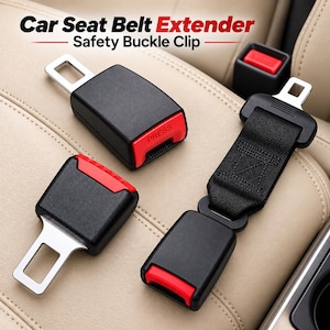 May include: Three black and red car seat belt extenders with metal tongues and plastic housings. The text Car Seat Belt Extender Safety Buckle Clip is visible at the top. Each unit features a red release button labeled PRESS.
