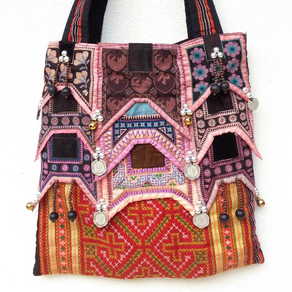 Hand Embroidered ethnic Tote tribal textile bohemian style (Vintage Hmong Fabric)