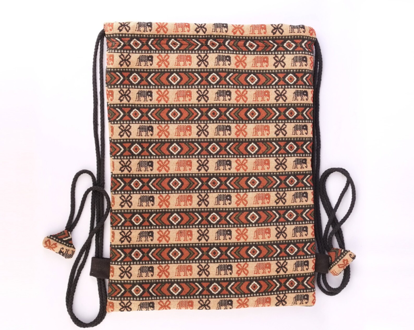 Elephant Print String Backpack Knapsack Cotton Primitive Folk Etsy