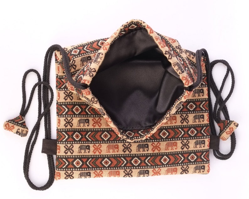 Elephant Print String Backpack Knapsack Cotton Primitive Folk Etsy