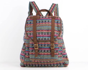 Regenbogen Hippie Rucksack Kita Tasche, Student / Reisen / College / Teen / Hipster / Boho Zigeuner (braune Trim)