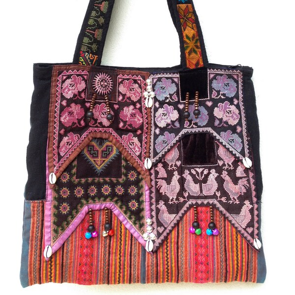 Hmong cross stitch hand Embroidered ethnic Tote tribal textile boho style