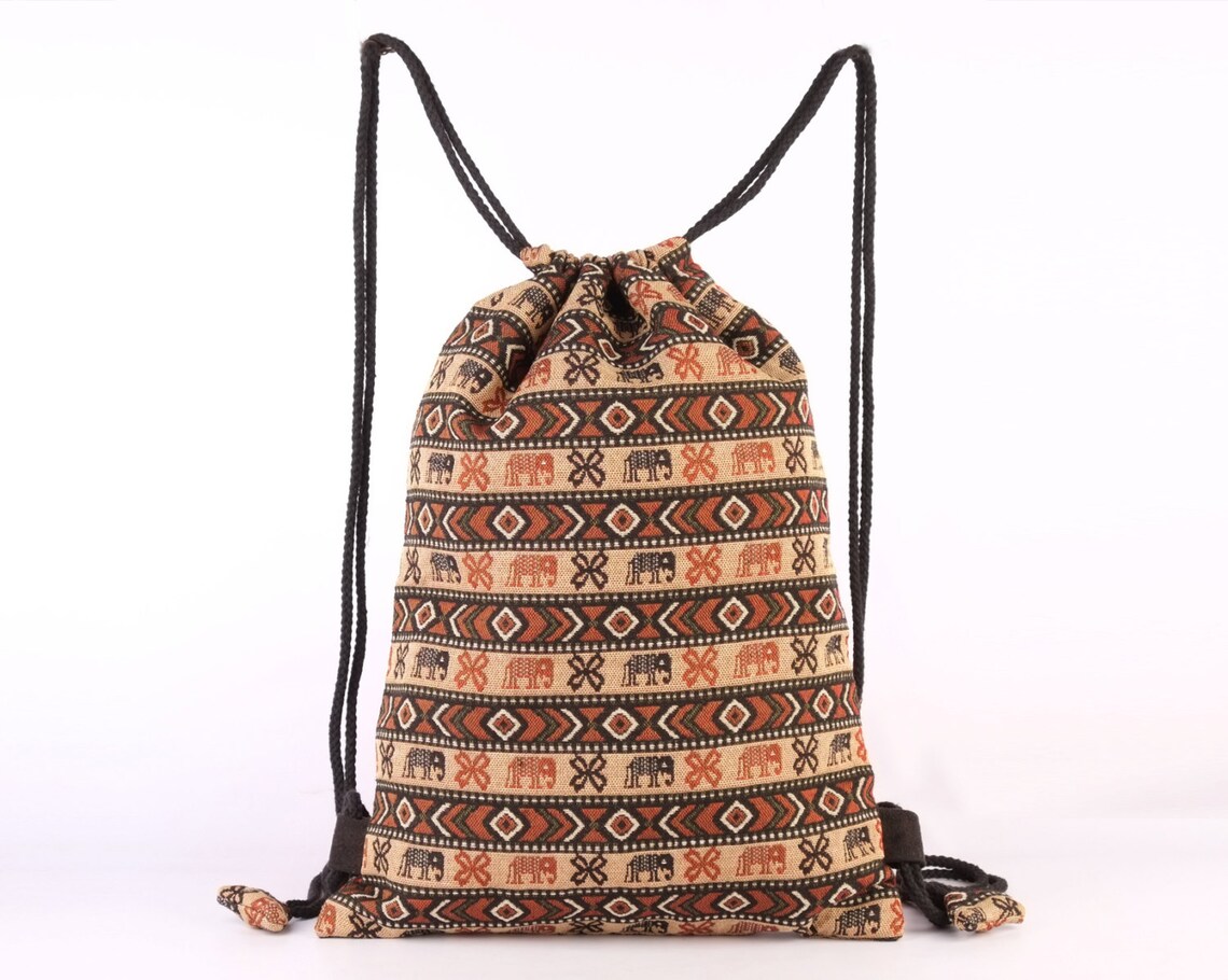 Elephant Print String Backpack Knapsack Cotton Primitive Folk Etsy