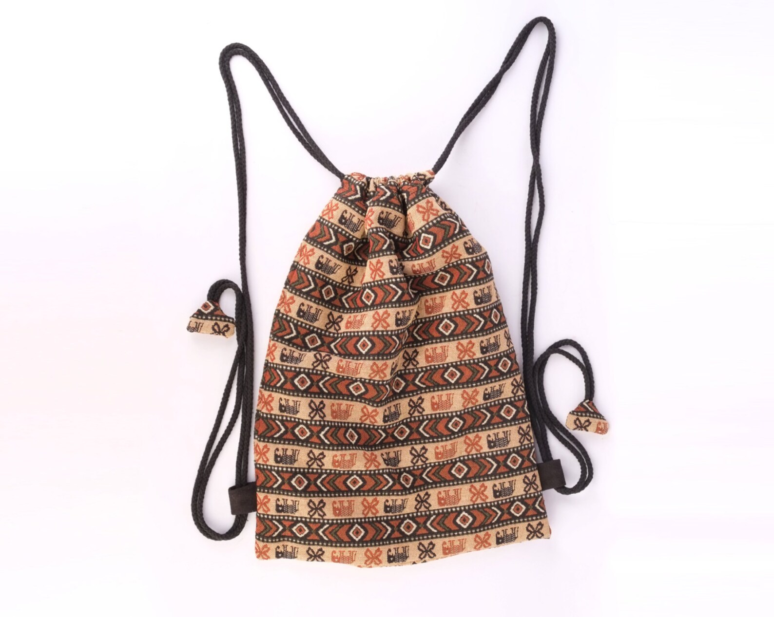 Elephant Print String Backpack Knapsack Cotton Primitive Folk Etsy