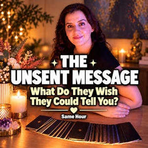 Könnte beinhalten: Ein Stapel schwarzer Tarotkarten mit goldenen Sternsymbolen, die auf einem Holztisch ausgebreitet sind. Der Text lautet: THE UNSENT MESSAGE, What Do They Wish They Could Tell You? und Same Hour. Eine Person befindet sich hinter den Karten.